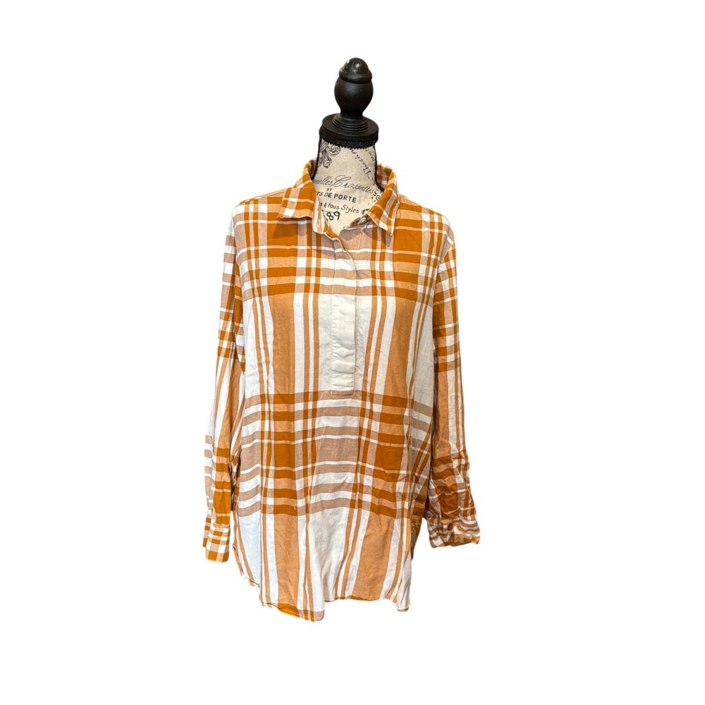 Liz Claiborne Mustard Yellow Plaid Tunic Shirt Womens Long Sleeve Cotton Lyocell
